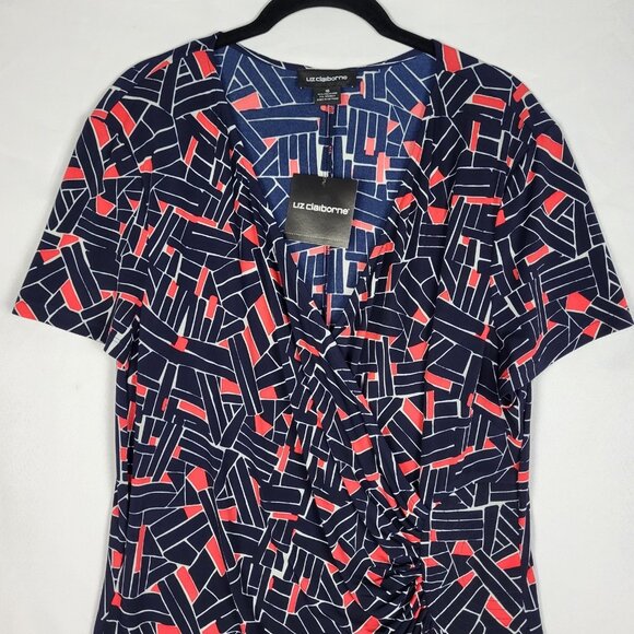 Liz Claiborne Dress Women's 16 Blue Red Faux Wrap Rusched Waist Office Career - Picture 3 of 10